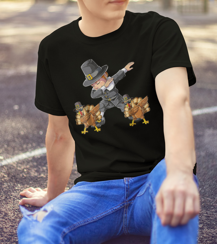 Thanksgiving Dabbing Pilgrim With Turkeys Kids UL T-Shirt