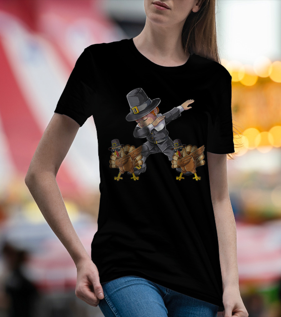 Thanksgiving Dabbing Pilgrim With Turkeys Kids UL T-Shirt