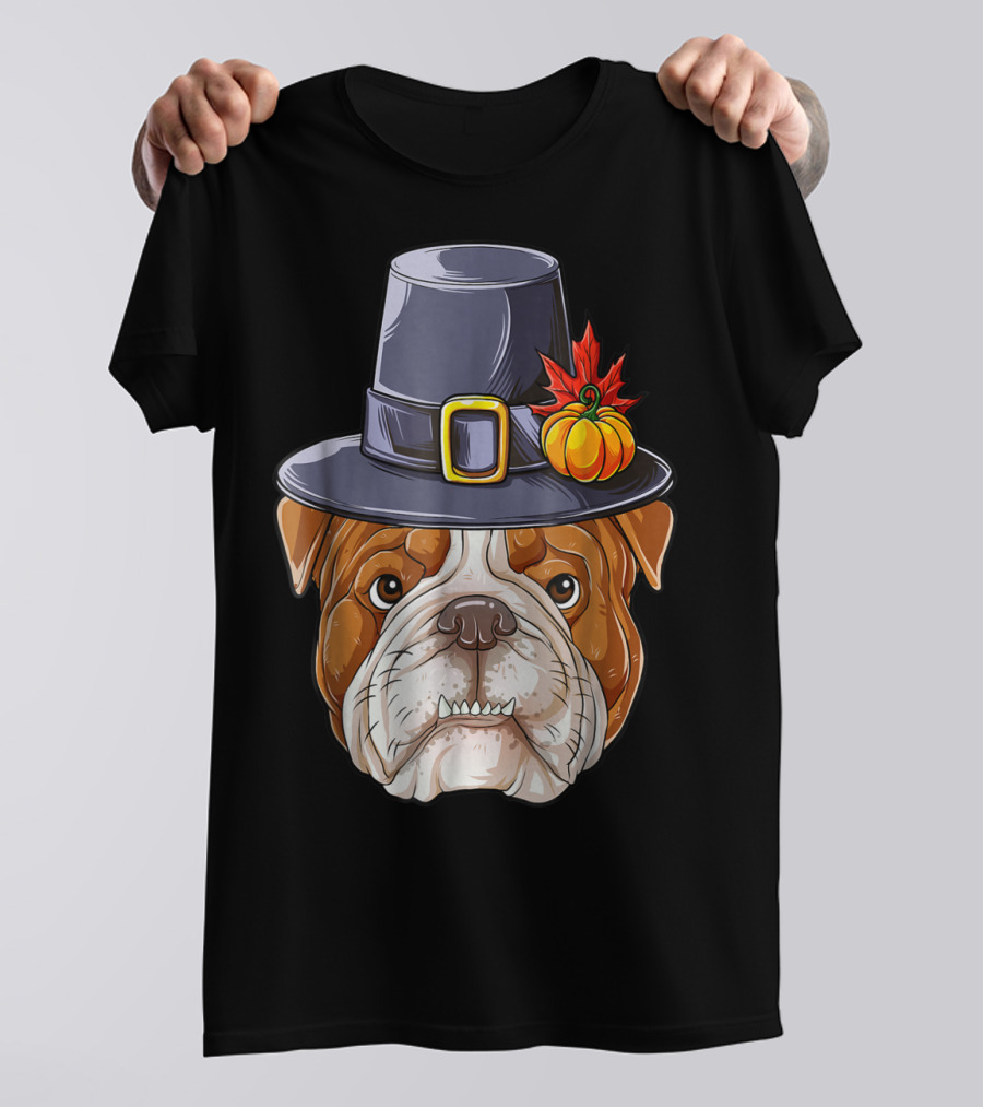 Thanksgiving Kids English Bulldog Pilgrim Hat Pumpkin Maple Leaf T-Shirt