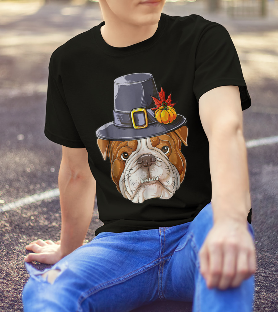 Thanksgiving Kids English Bulldog Pilgrim Hat Pumpkin Maple Leaf T-Shirt