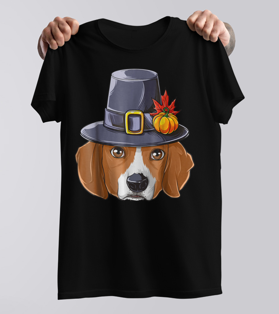 Thanksgiving Beagle Pilgrim Hat Pumpkin Leaf T-Shirt