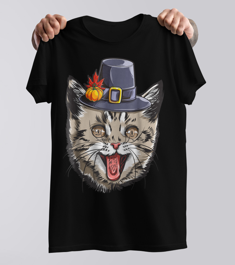 Thanksgiving Cat Pilgrim With Pumpkin Hat IY T-Shirt
