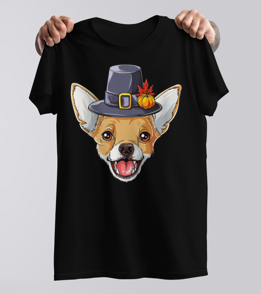 Pilgrim Hat Chihuahua With Thanksgiving Pumpkin And Leaf T-Shirt