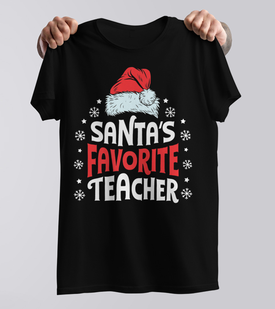 Santa's Favorite Teacher Christmas Women Funny Santa Hat Snowflakes T-Shirt