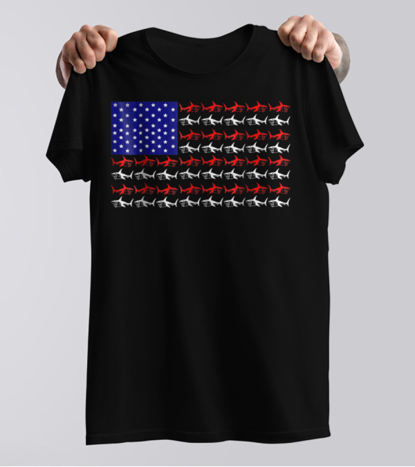 Shark Pattern American Flag 4th Of July Pride T-Shirt