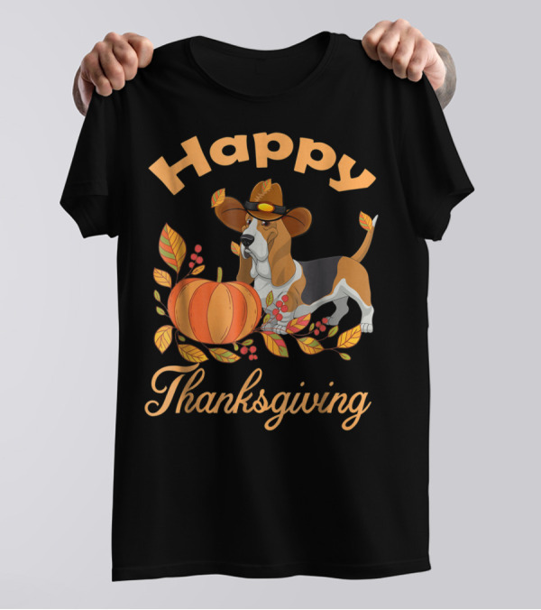Happy Thanksgiving Basset Hound With Pumpkin And Pilgrim Hat T-Shirt