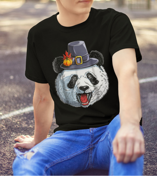 Thanksgiving Panda In Pilgrim Hat With Pumpkin And Leaves T-Shirt