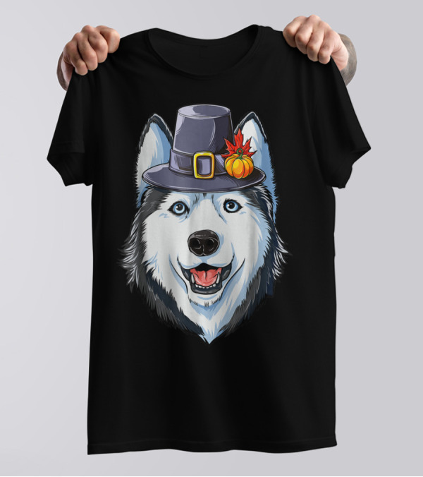 Thanksgiving Pilgrim Hat Siberian Husky With Pumpkin And Maple Leaf T-Shirt