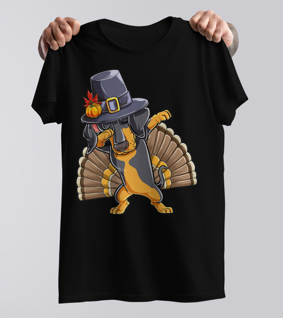 Thanksgiving Dabbing Dachshund Pilgrim Hat Turkey Tail T-Shirt