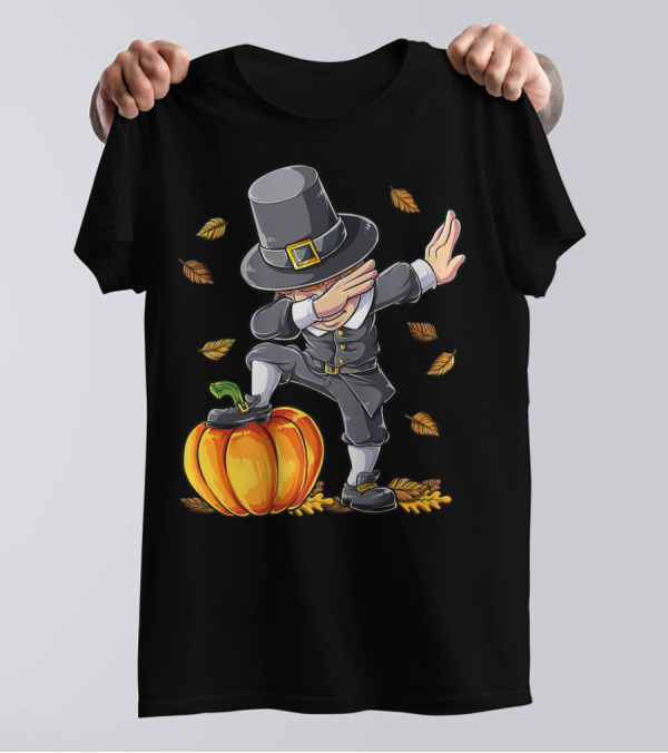 Thanksgiving Dabbing Pilgrim Boy Pumpkin Autumn Leaves T-Shirt