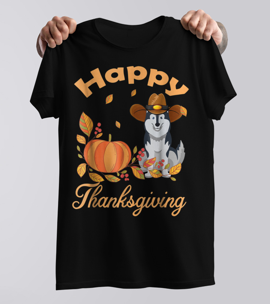Happy Thanksgiving Siberian Husky With Pumpkin And Fall Leaves T-Shirt