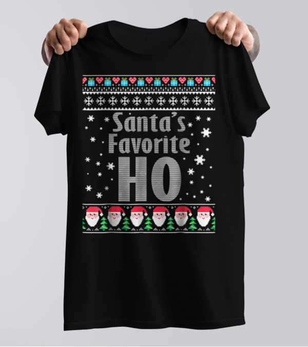 Santa's Favorite Ho Christmas Sweater Style Snowflakes And Santa Faces T-Shirt