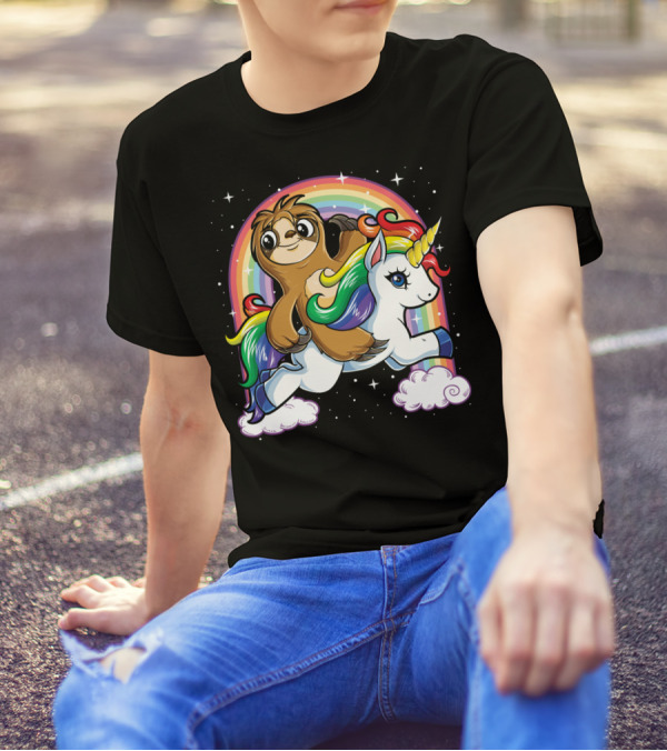 Sloth Riding Unicorn Rainbow Slothicorn Women Kids Fun T-Shirt