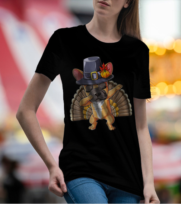 Thanksgiving Dabbing French Bulldog Pilgrim Hat Turkey Tail T-Shirt