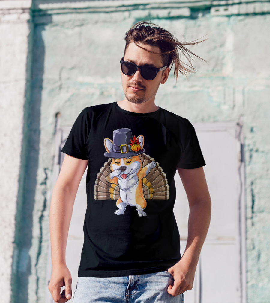 Thanksgiving Pilgrim Corgi Dabbing With Turkey Feathers T-Shirt