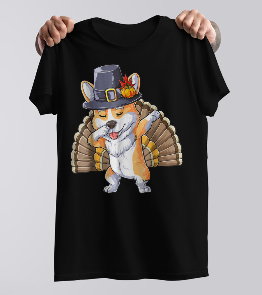 Thanksgiving Pilgrim Corgi Dabbing With Turkey Feathers T-Shirt