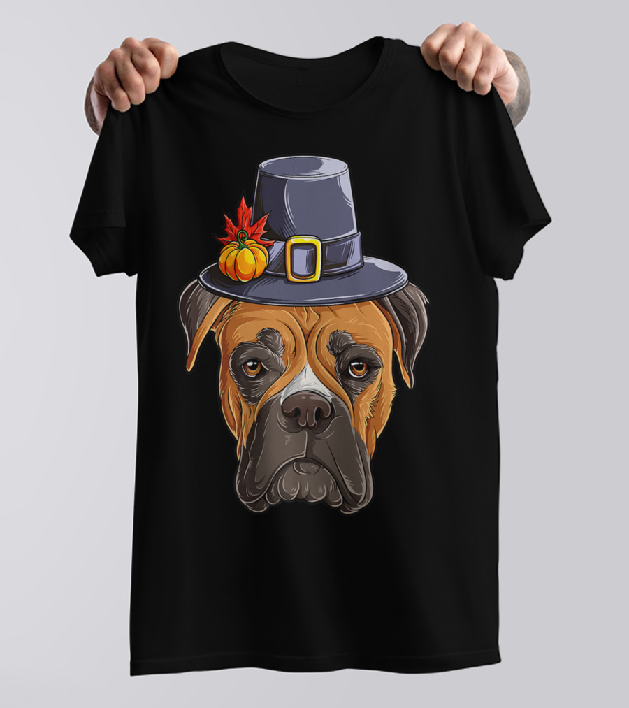 Thanksgiving Boxer Dog Pilgrim Hat Pumpkin Leaf T-Shirt