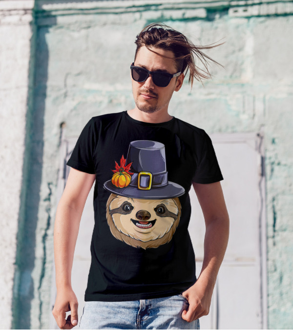 Thanksgiving Sloth With Pilgrim Hat Pumpkin And Autumn Leaves T-Shirt