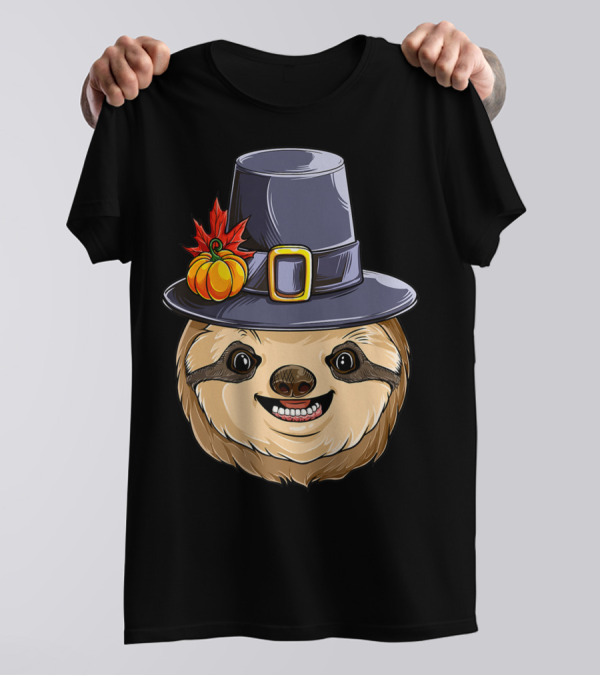 Thanksgiving Sloth With Pilgrim Hat Pumpkin And Autumn Leaves T-Shirt