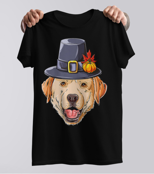 Thanksgiving Dog In Pilgrim Hat With Pumpkin And Leaf T-Shirt