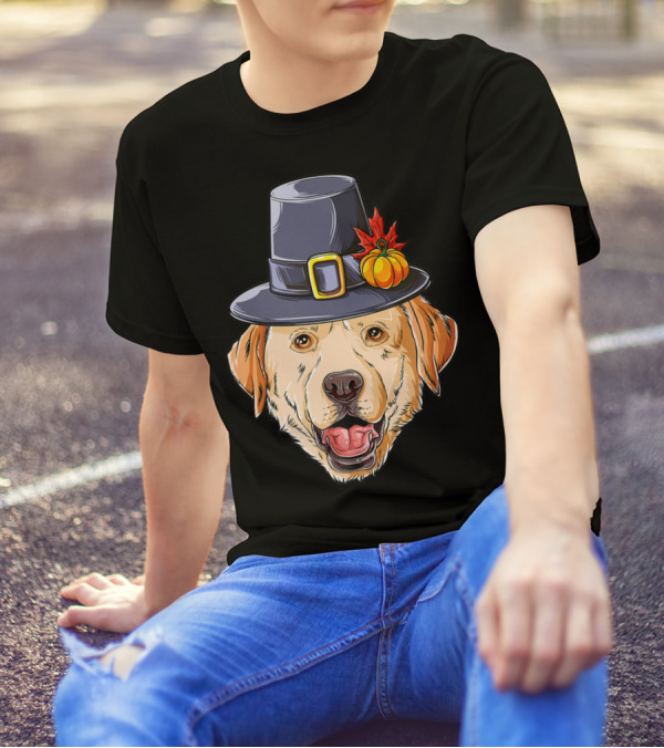 Thanksgiving Dog In Pilgrim Hat With Pumpkin And Leaf T-Shirt
