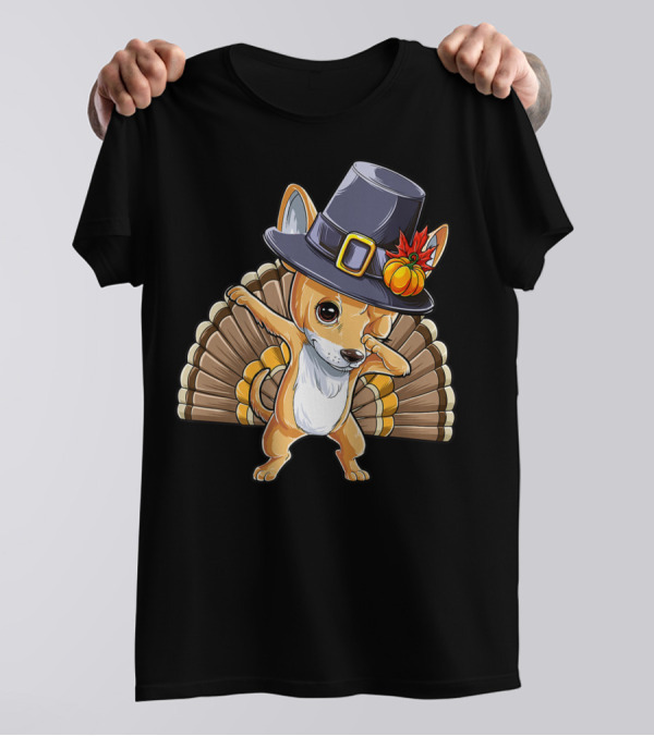 Thanksgiving Dabbing Chihuahua Pilgrim Hat Turkey Feathers T-Shirt