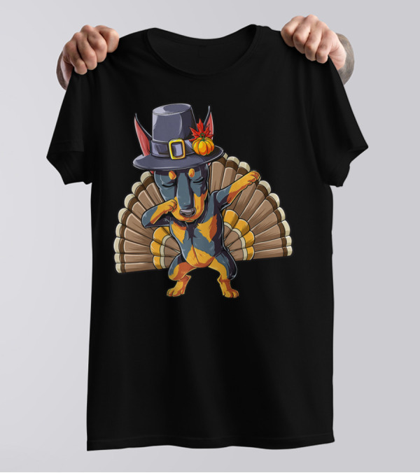 Thanksgiving Dabbing Doberman Pilgrim Hat Turkey Feather Background T-Shirt