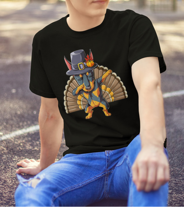 Thanksgiving Dabbing Doberman Pilgrim Hat Turkey Feather Background T-Shirt