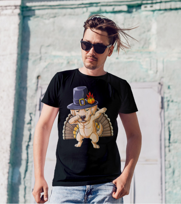 Thanksgiving Dabbing Labrador Wearing Pilgrim Hat With Turkey Tail T-Shirt