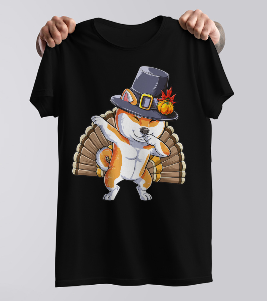 Thanksgiving Dabbing Shiba Inu Pilgrim Hat Turkey Background T-Shirt