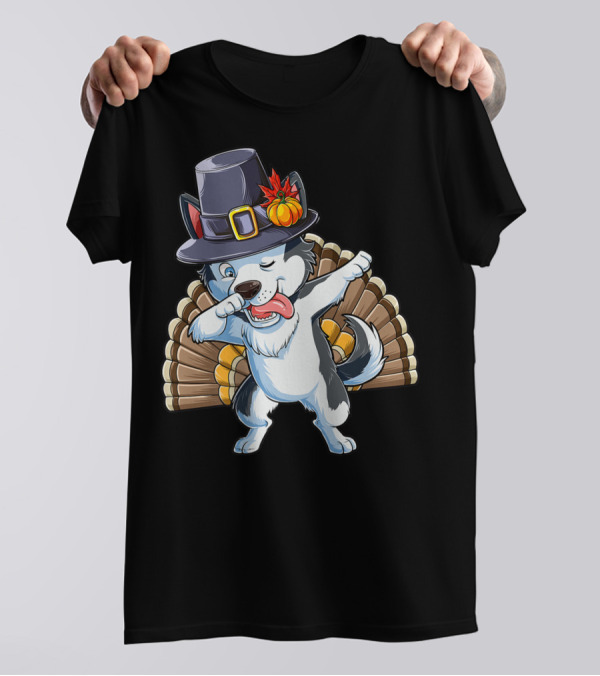 Thanksgiving Kids Dabbing Siberian Husky With Pilgrim Hat And Turkey Tail T-Shirt