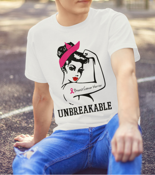 Unbreakable Breast Cancer Warrior Rosie The Riveter Pink T-Shirt