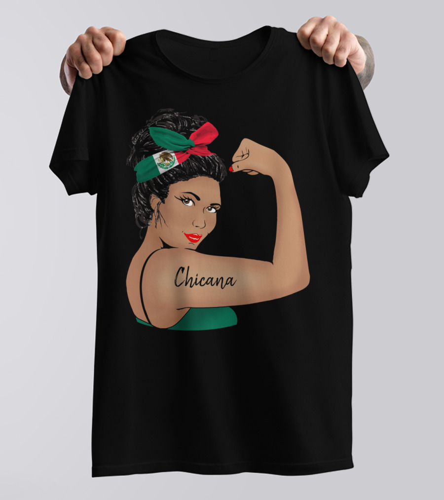 Chicana Girl Flexing With Mexican Flag Hair Wrap Unbreakable Strong T-Shirt