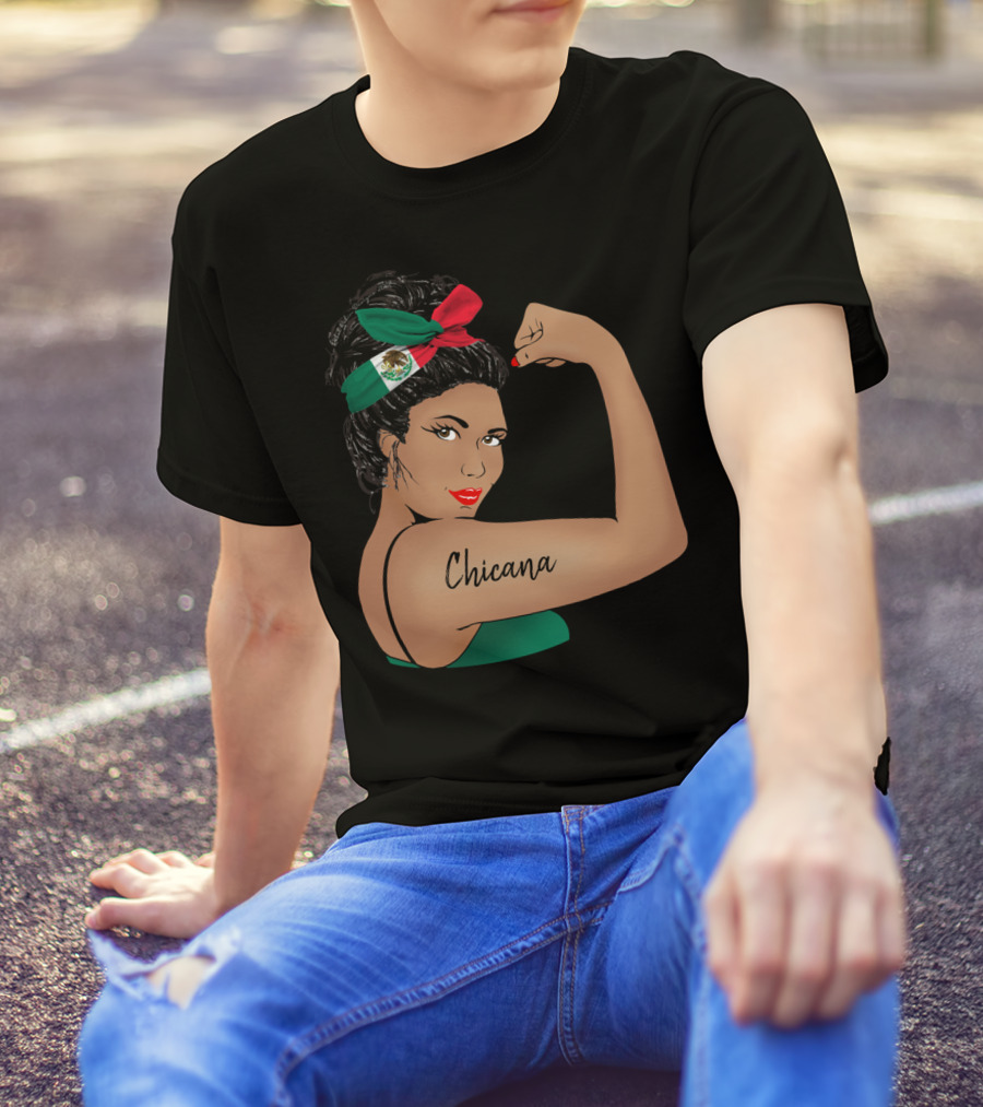 Chicana Girl Flexing With Mexican Flag Hair Wrap Unbreakable Strong T-Shirt