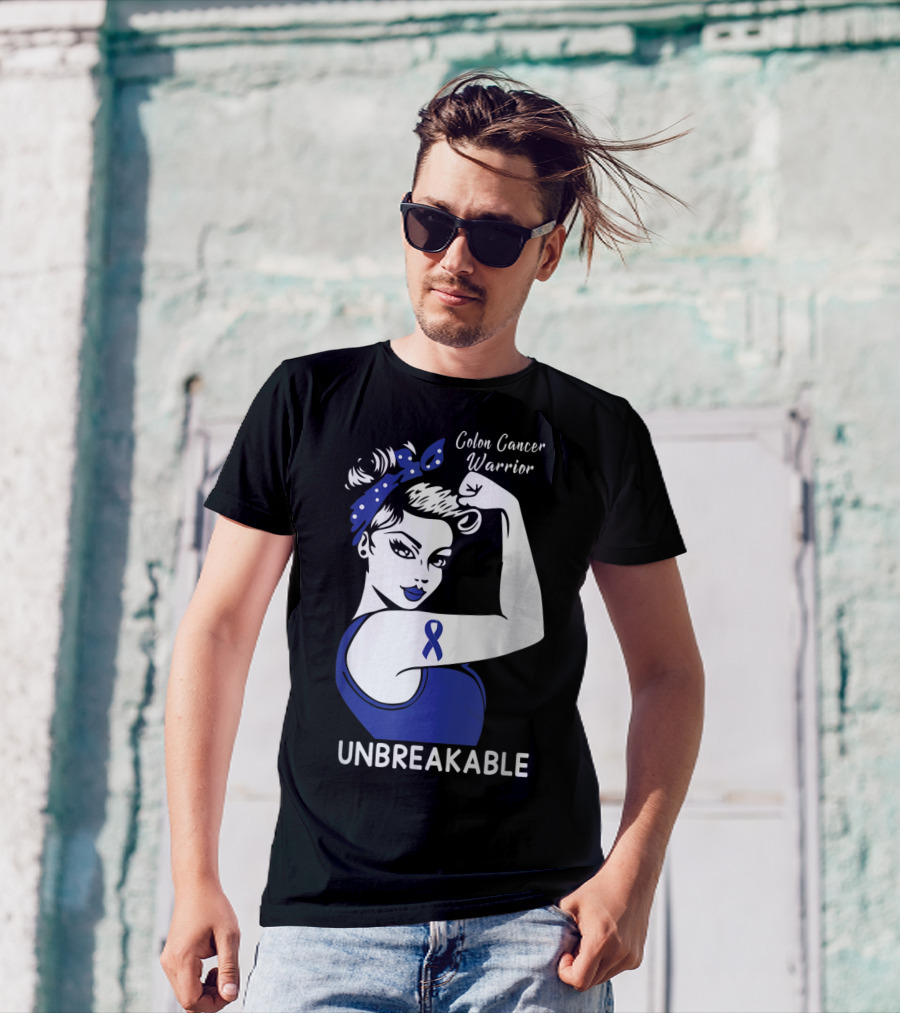 Colon Cancer Warrior Unbreakable Strength Ribbon Rosie The Riveter Inspired T-Shirt
