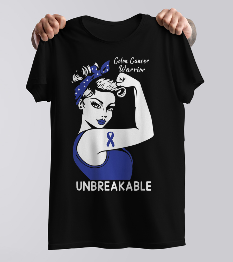 Colon Cancer Warrior Unbreakable Strength Ribbon Rosie The Riveter Inspired T-Shirt