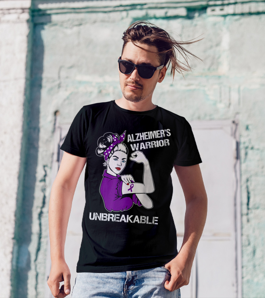 Alzheimer's Warrior Unbreakable Rosie The Riveter Style Purple Awareness T-Shirt