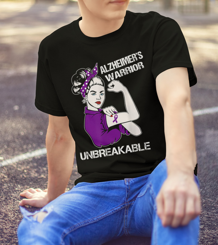 Alzheimer's Warrior Unbreakable Rosie The Riveter Style Purple Awareness T-Shirt