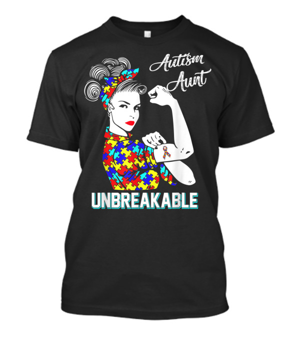 Autism Aunt Unbreakable Rosie The Riveter Puzzle Ribbon Awareness T-Shirt