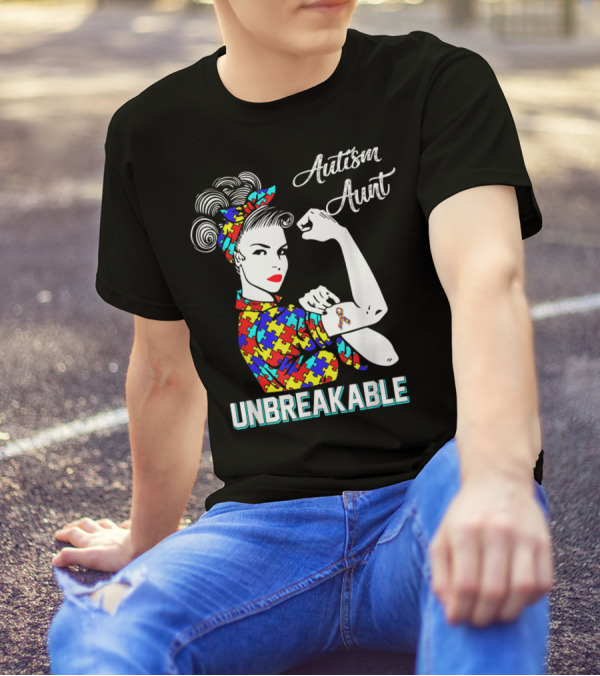 Autism Aunt Unbreakable Rosie The Riveter Puzzle Ribbon Awareness T-Shirt