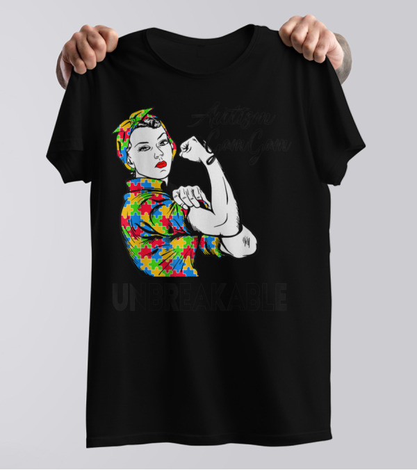 Autism Gam Gam Unbreakable Autism Awareness Puzzle Piece Rosie Flexing T-Shirt
