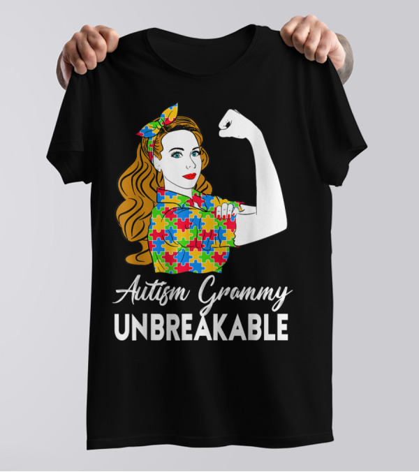 Autism Grammy Unbreakable Rosie Riveter Puzzle Piece Awareness T-Shirt
