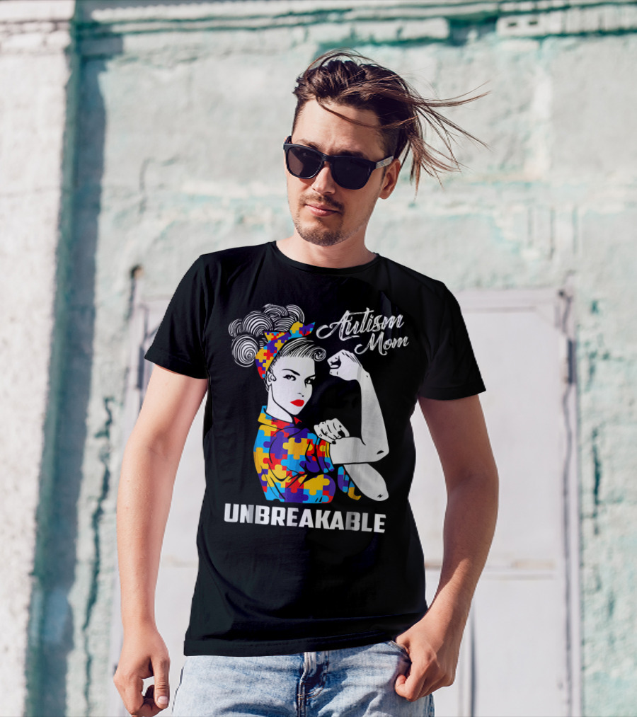 Autism Mom Unbreakable Autism Awareness Rosie The Riveter Puzzle T-Shirt