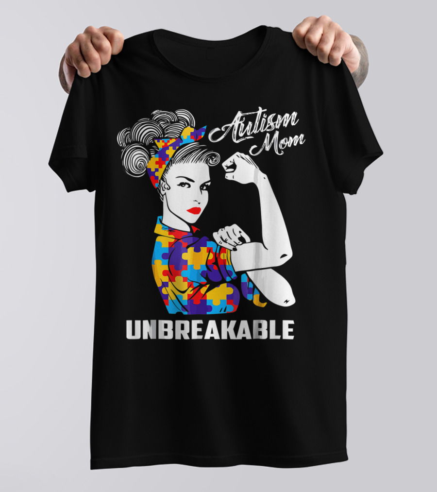 Autism Mom Unbreakable Autism Awareness Rosie The Riveter Puzzle T-Shirt