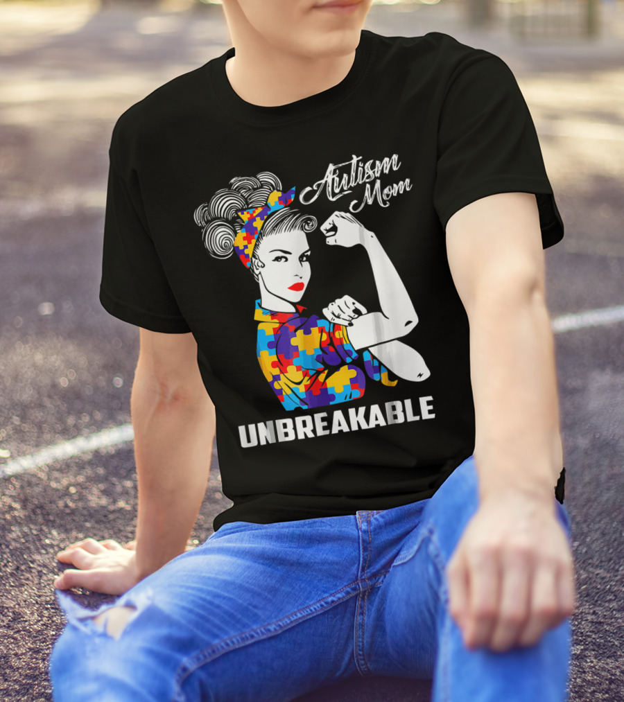 Autism Mom Unbreakable Autism Awareness Rosie The Riveter Puzzle T-Shirt