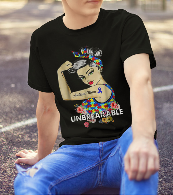 Unbreakable Autism Mom Awareness Month Puzzle Ribbon Flowers T-Shirt