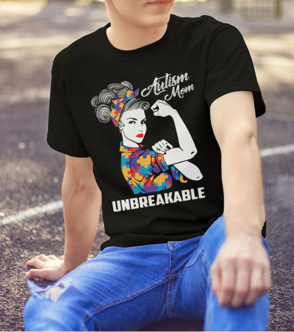 Autism Mom Unbreakable Mama Autism Puzzle Pattern Iconic Rosie Riveter T-Shirt