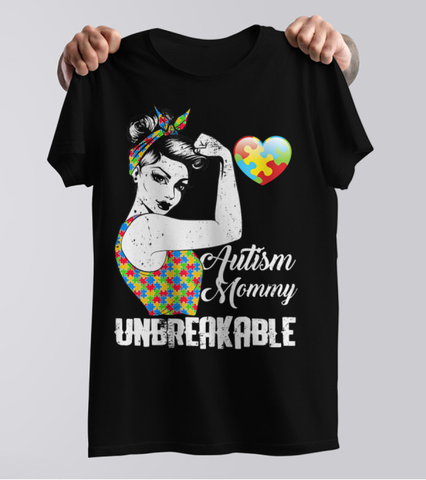 Autism Mommy Unbreakable Puzzle Heart Rosie The Riveter T-Shirt