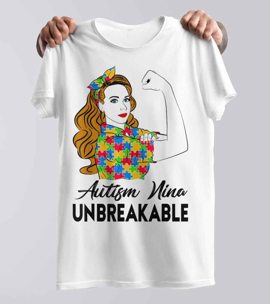 Autism Nina Unbreakable Puzzle Pattern Rosie Riveter Style Awareness T-Shirt