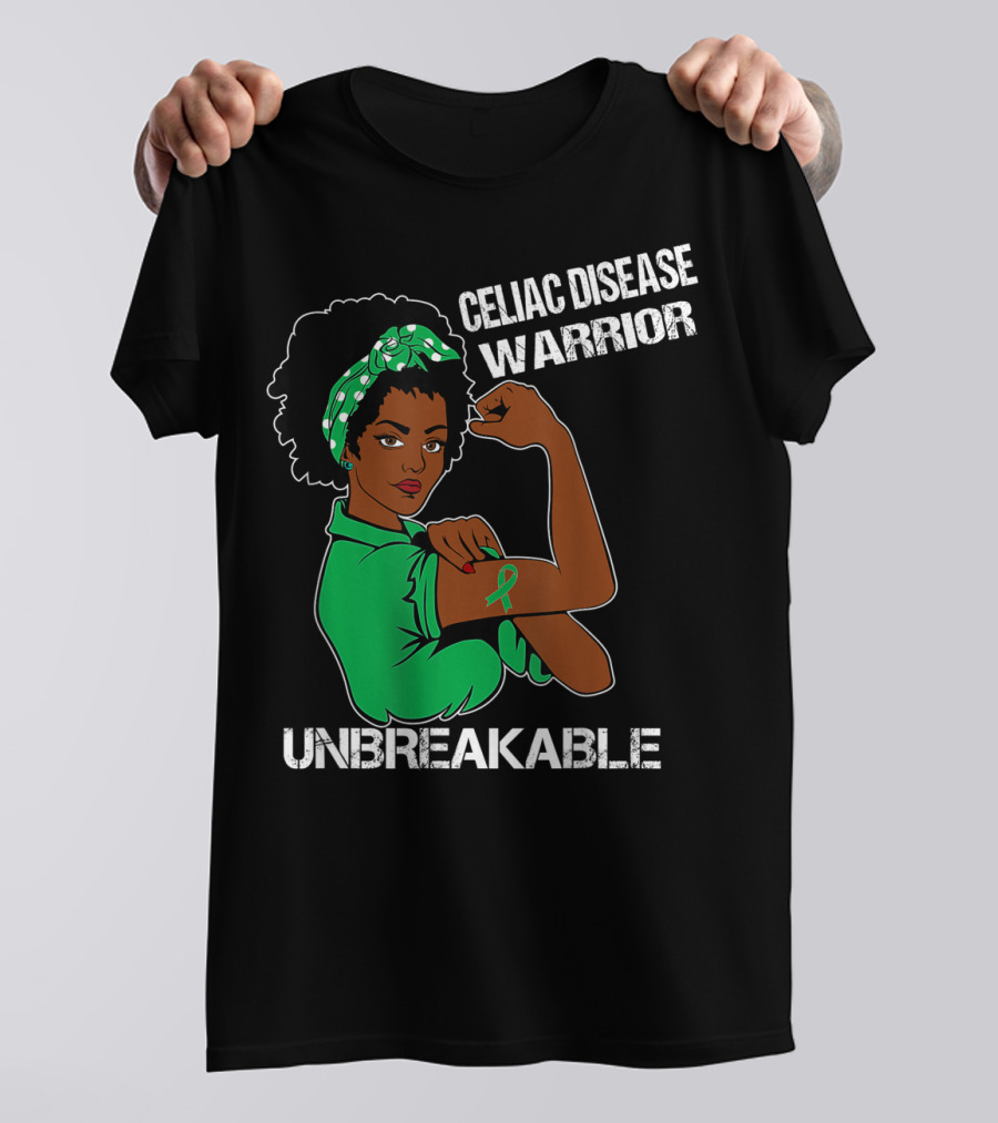 Celiac Disease Warrior Unbreakable With Empowering Arm Pose And Green Awareness T-Shirt